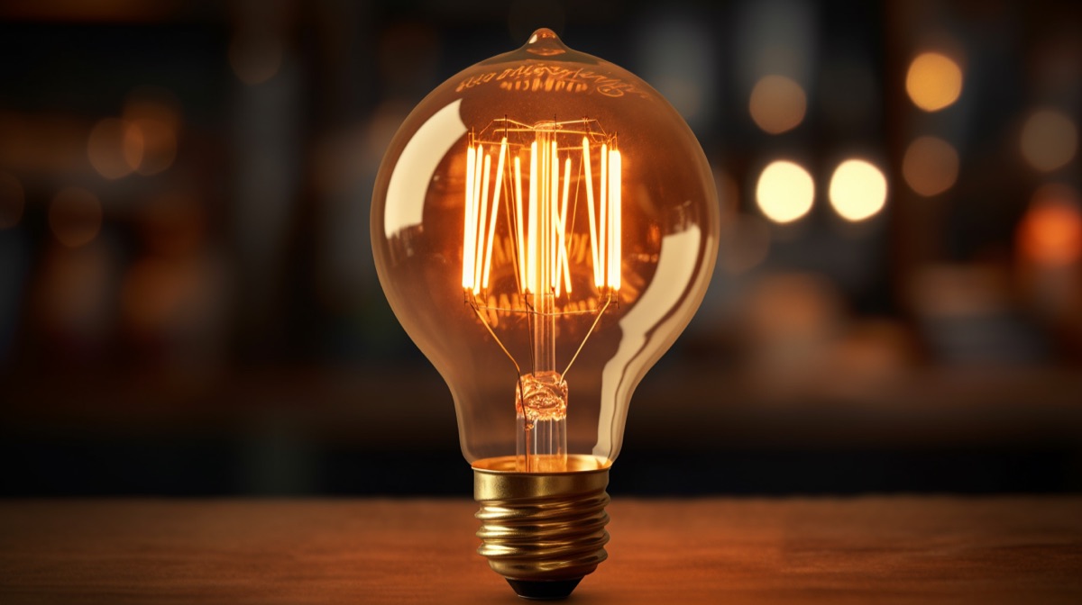 A glowing filament light bulb standing upright on a wooden table against warm, out-of-focus lights.