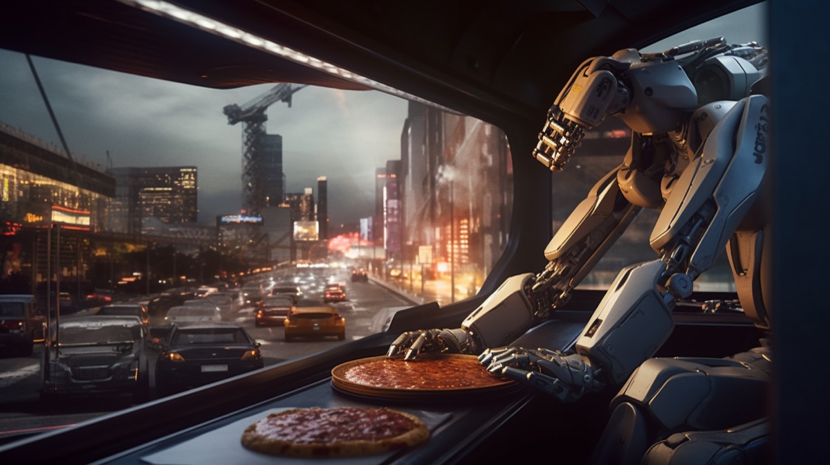 A robotic arm inside a delivery vehicle presenting fresh pizzas beside a window overlooking evening highway traffic and a city skyline.