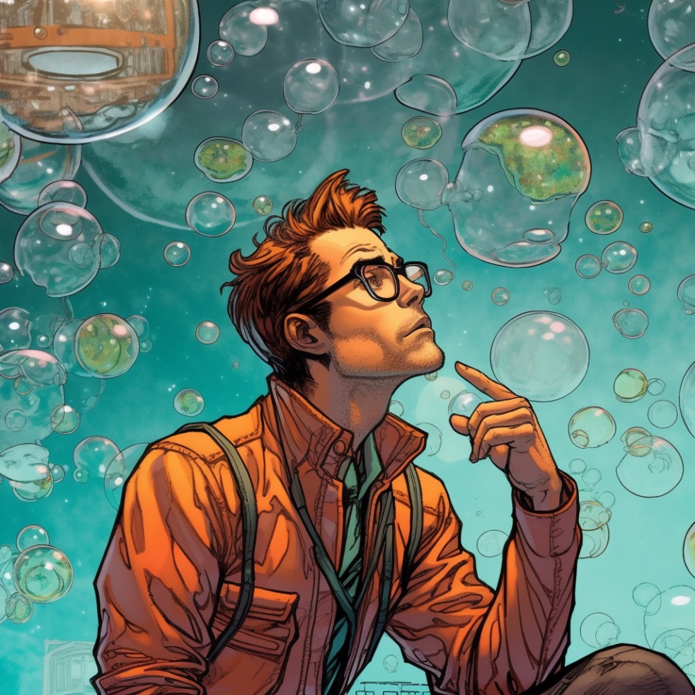 Illustration of a man in glasses gazing up at a sky full of floating thought bubbles, each carrying a different scene or memory.